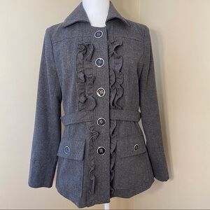 Luii Ruffle Front Gray Pea Coat Jacket - Small